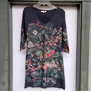 Koton Brand V-Neck Black Floral Dress 3/4 Sleeves Lined Women's Size 36 (XS/S)